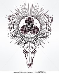 stock-vector-beautiful-scull-tattoo-art-vintage-deer-skull-pagan-style-antlers-with-celtic-triskel-sign-in-335487074